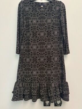 Tommy Hilfiger Black and White Dot-Pattern Long Sleeve Ruffle Hem Dress